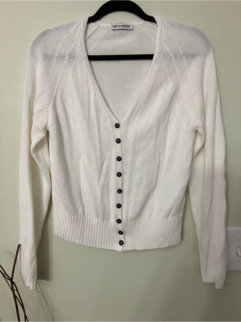 Iris Von Arnim white button down cardigan with dark buttons